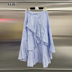 VGH Striped Spliced Ruffles Irregular Skirts For Women High Waist Patchwork Lace Up Minimalist A Line Skirt Female Fashion New