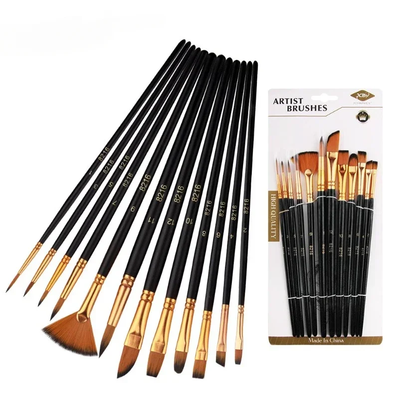 12 PCS Nylon Bristle Brush Set, Nylon Flat Brushes, Watercolor Brushes, Oil Paint, Artists, Amateur Acrylic Painting