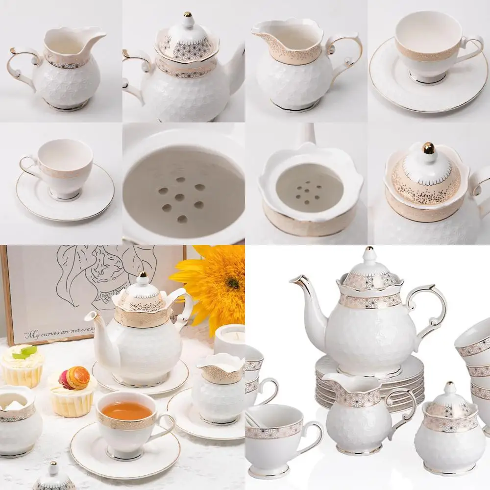 

Vintage Gold Trimmed 21-Piece Porcelain Tea Set with Teapot, Cups, Saucers, Sugar Bowl, Creamer, and Pitcher for 6, Classic Gold