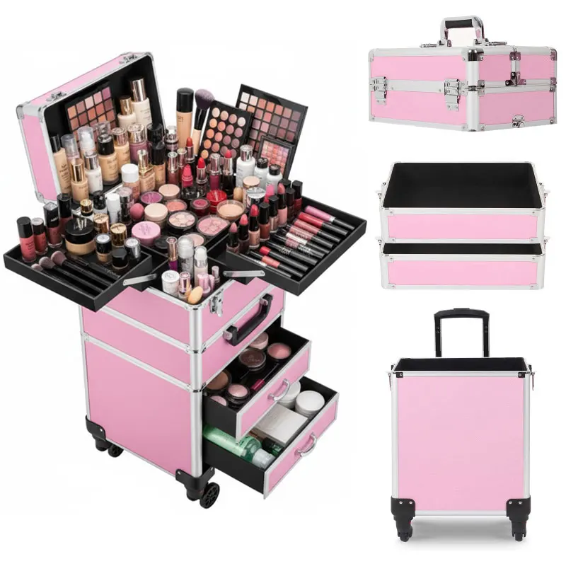 

Профессиональный чехол для макияжа 4 в 1, алюминиевый косметичка, чехол для макияжа на колесиках, очень большой тележка, органайзер для путешествий