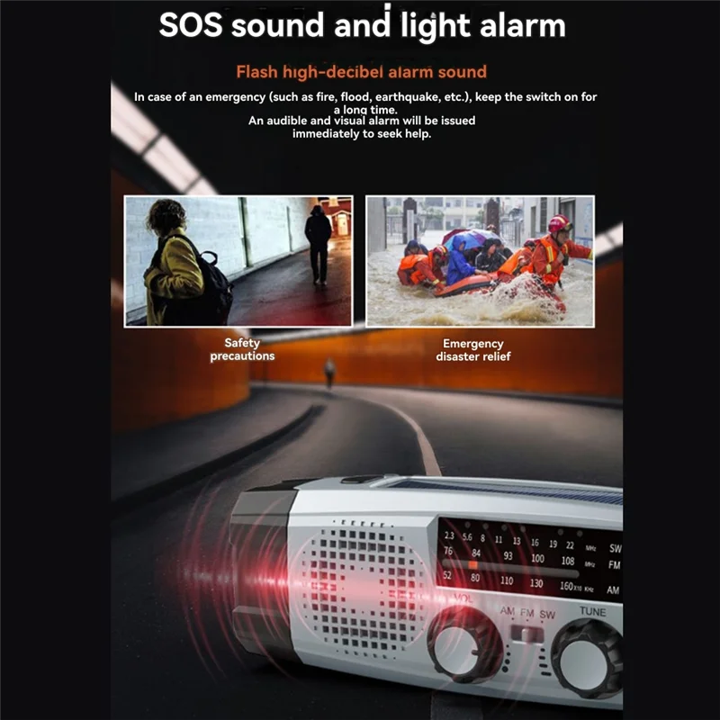 ABAC-Multi-Function Solar Emergency Radio With AM/FM/WB Bands Large Flashlight Hand-Crank Generator Portable Phone Charger SOS A