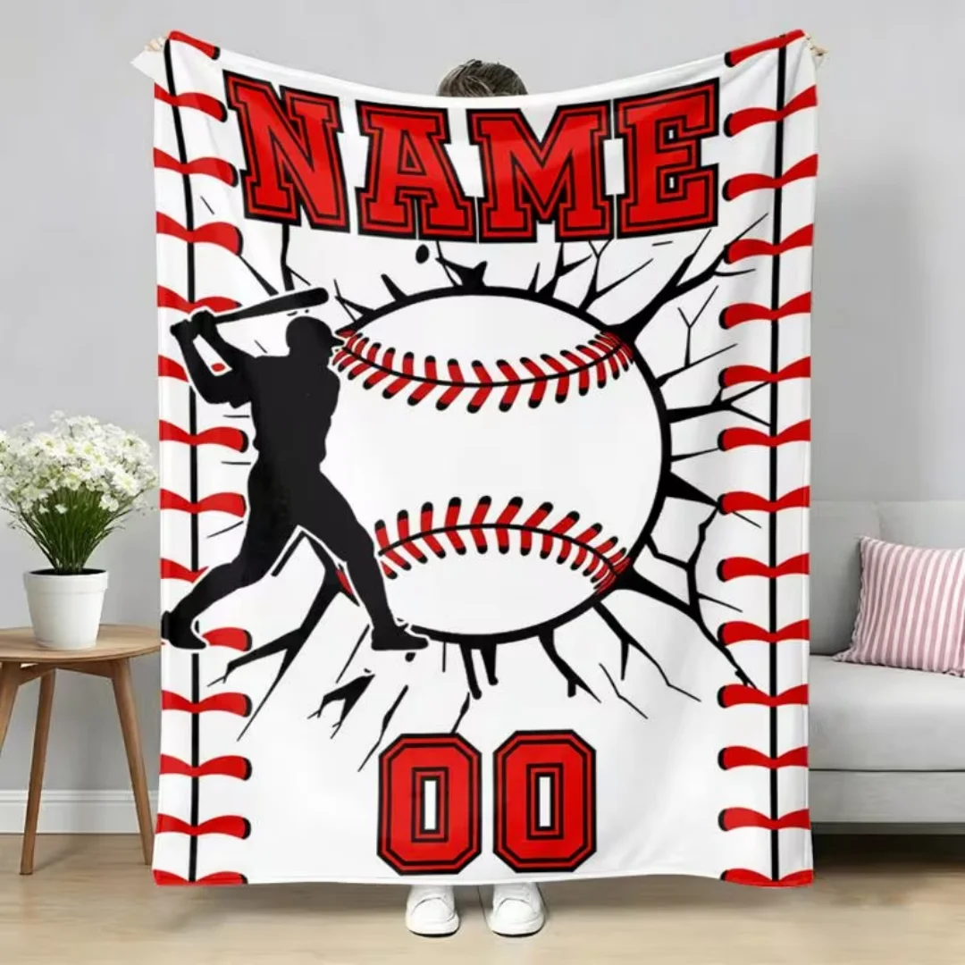Personalized Baseball Flannel Blanket Custom Name Text, Soft Red Black White Baseball Throw Shawl for Boys Girls Sports Fans, De