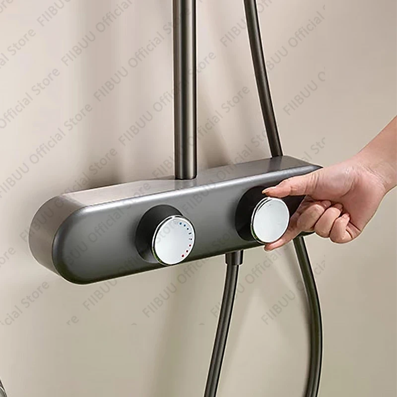 현대적인 세련된 샤워 시스템 온도 조절 가능한 다기능 샤워 헤드 콤보 가압 홈 욕실 라운드 샤워 헤드