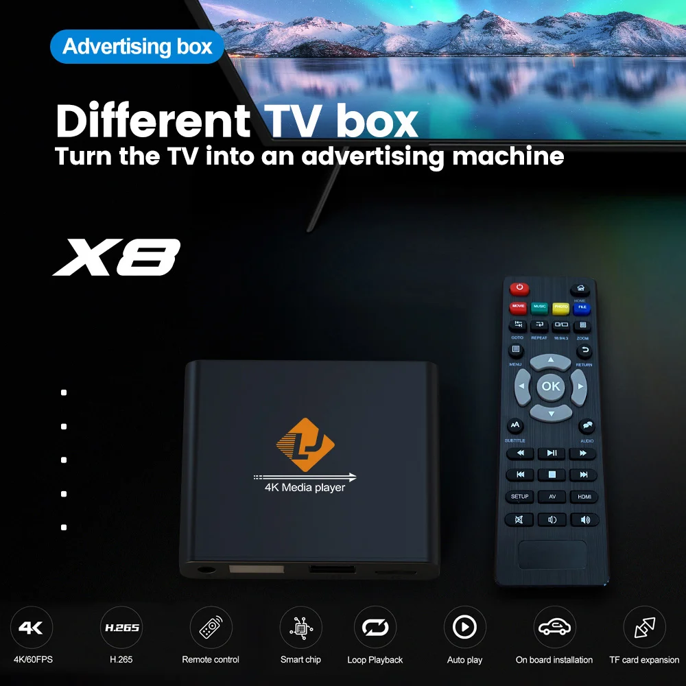 Leitor Digital 4K Ultra-HD X8 para unidades USB, Cartões Micro SD, H.265, HEVC, H.264, MP4, MKV, Vídeo, MP3, Música, Fotografias PDF, 4K HDD