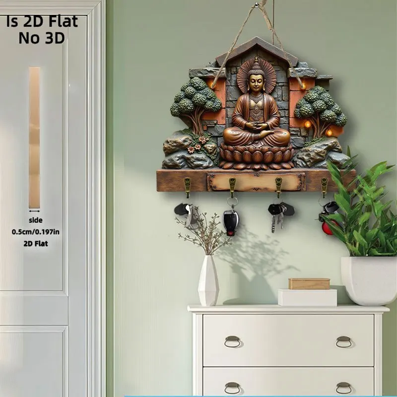 Meditation Buddha Wall Hanging 2D Wooden Key Holder - Zen Art Design Home Decor Key Hanger Buddhist Believers New Year Gifts