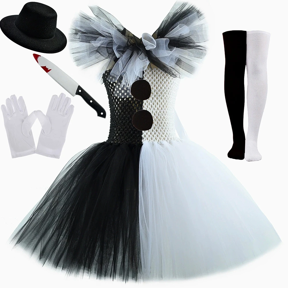 Clown Costume Kids Girls White Black Tutu Dress Up Horror Joker Dress for Kids Halloween Carnival Party Costumes