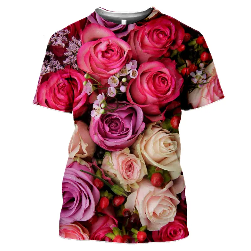 Summer Fashion Rose Flower graphic t shirts For Unisex 3D Printed Personality Colorful Pattern Round Neck Short Sleeve Tees Tops