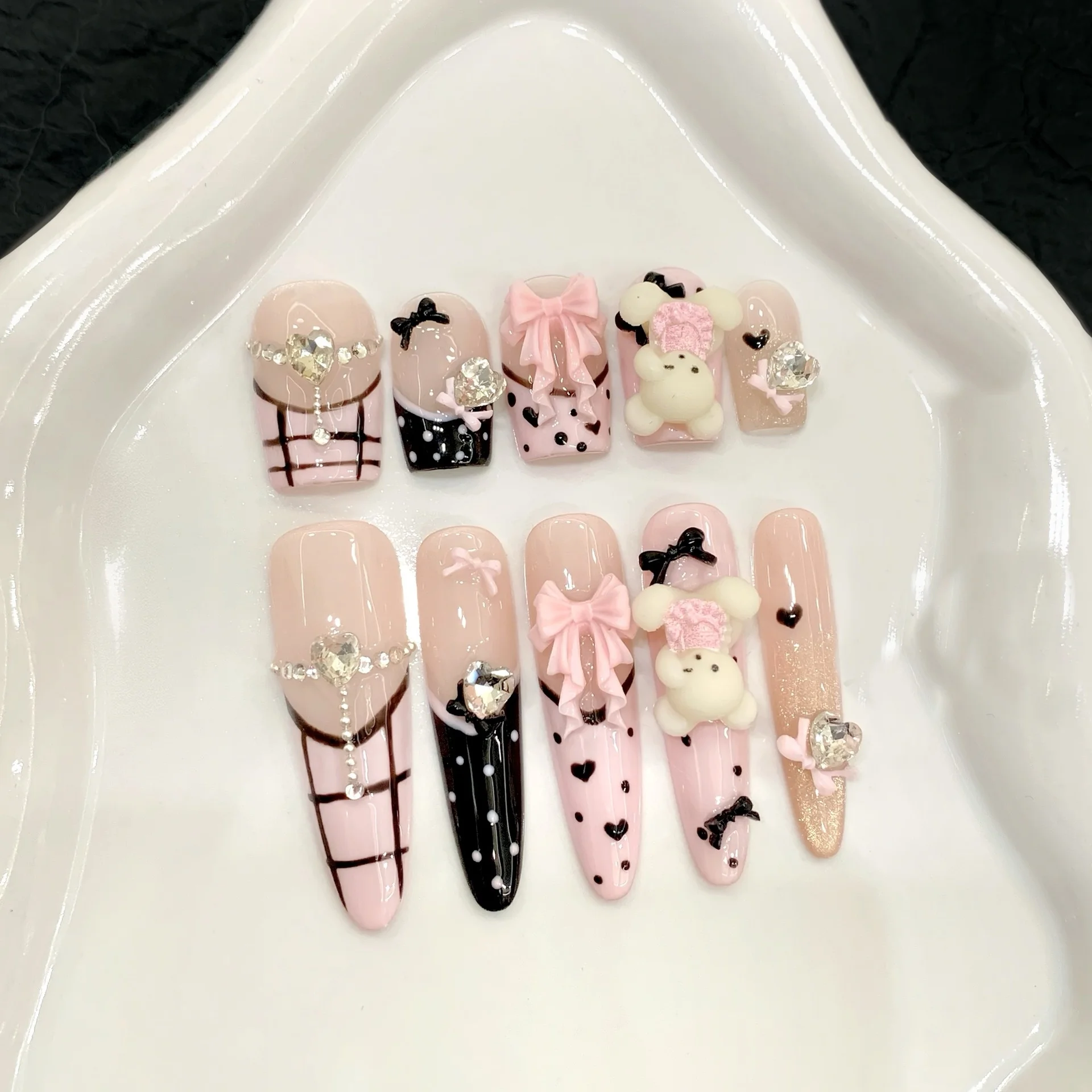 10pcs Pure Hand Pressed Stiletto/Coffin Nail Art,Nice Fake Nails,Colorful Summer, Cute Cartoon Bear Bow WaveIdeal For Women