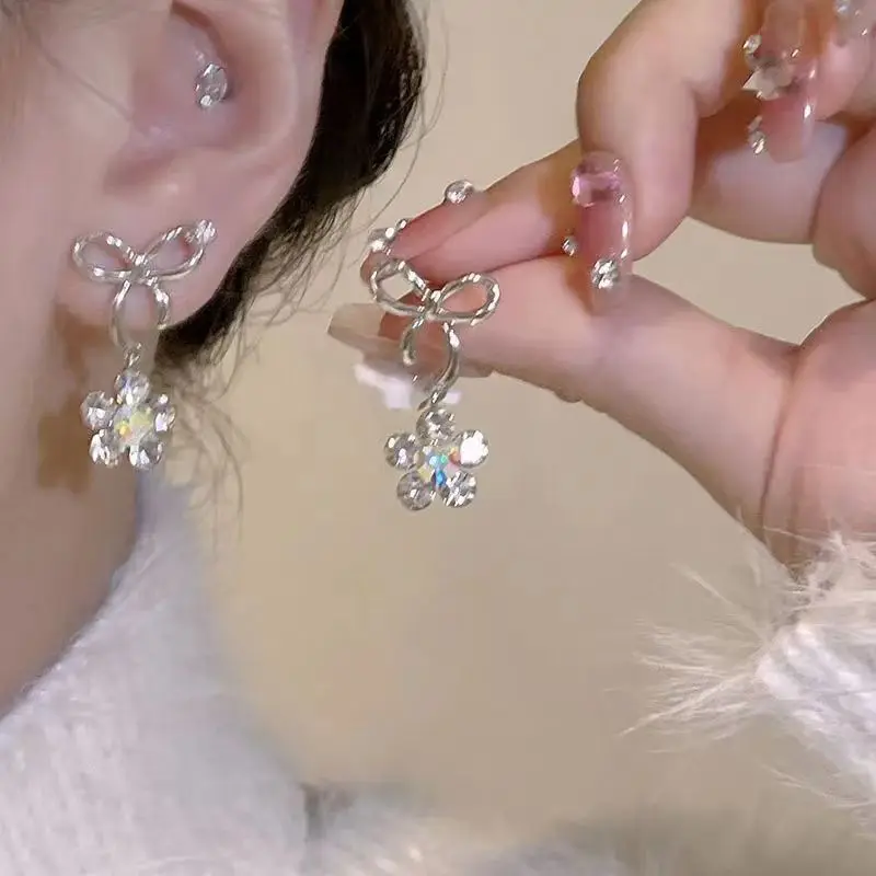 S925ins Tidal Bow Earrings Sparkling Zircon Flower Pendant Earrings Female Earrings