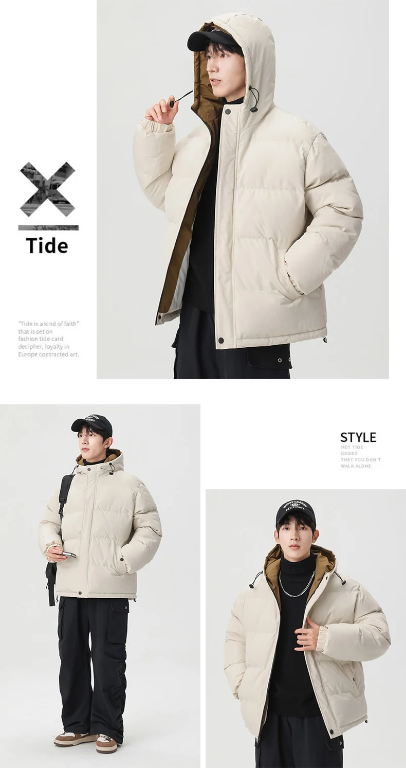Winter Solid Color Hooded Parkas for Men New Style Comfortable Warm Cotton Coats Fashion Thicken Outerwear Outdoor Windproof