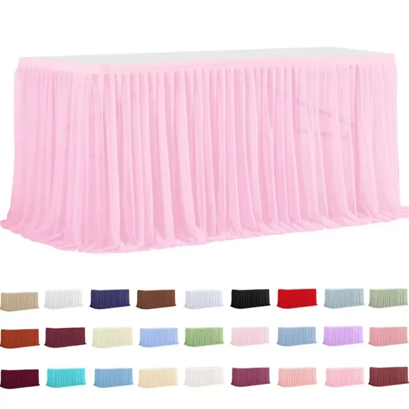 Table Skirt with Shimmering Pearl and Ruffled Chiffon Design for Event Decorations Elegant For Wedding And Party TableCloth