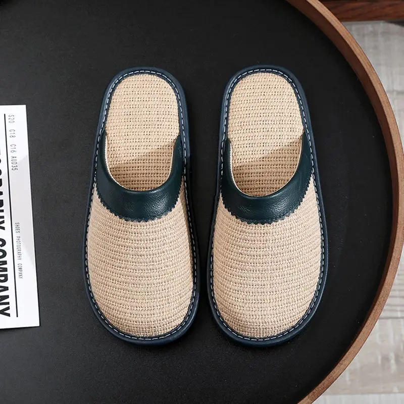 

Unisex All-Season Genuine Leather Linen Closed Toe Indoor Slippers Non-slip Soft Sole Breathable for Home