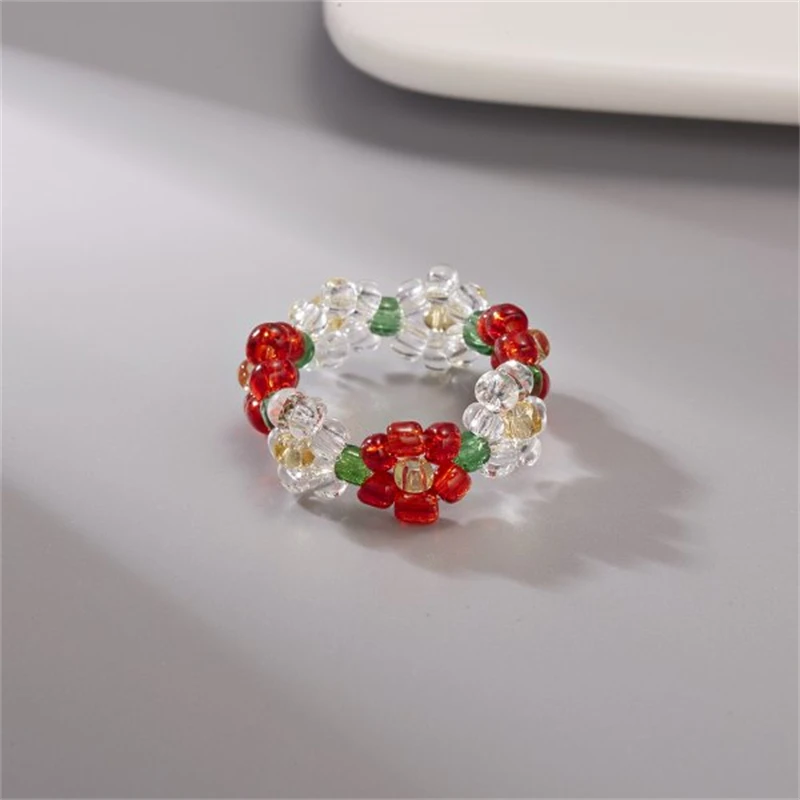 Bohemia Colorful Small Flower Ring Handmade Round Multi Beaded Rice Beads Ring For Women Girls Summer Beach Cute Jewelry Gifts