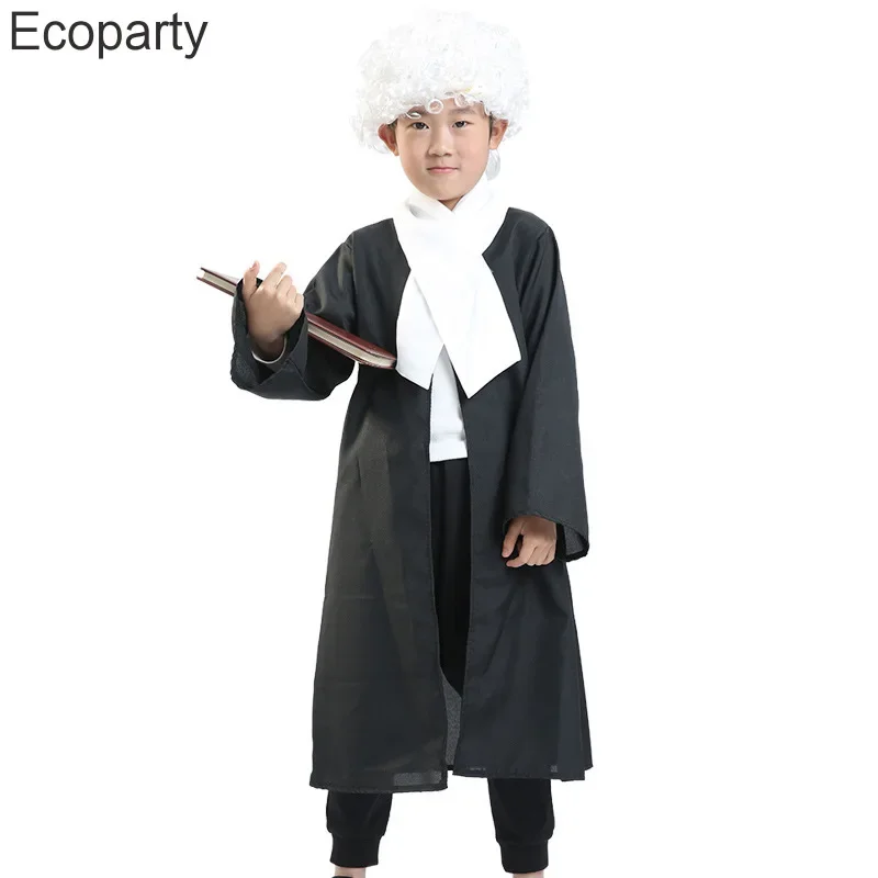 2025 NewChildren Lawyers Cosplay Costume For Boy Girls Halloween Counselor Judge Black Uniform Robe Wig Kids Stage Show Carni AA