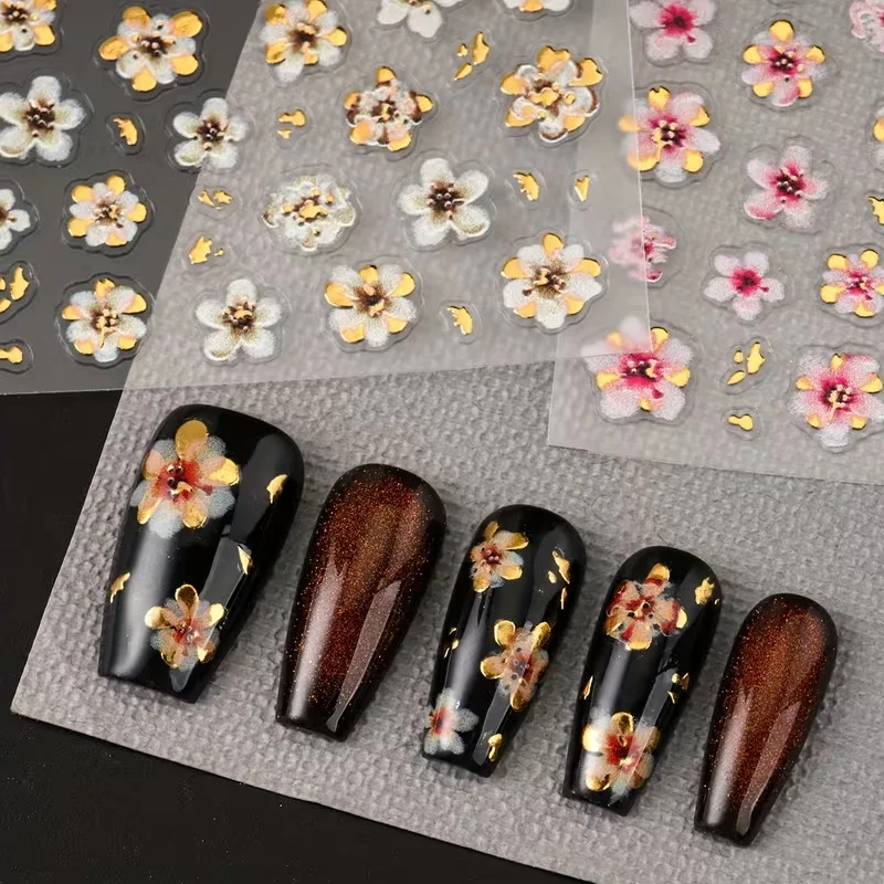 1 unidad de pegatinas florales metálicas 5D para uñas, pegatinas de flores de lámina dorada para uñas Vintage, flores de cerezo blancas, rosas y marrones, suministros para uñas de boda