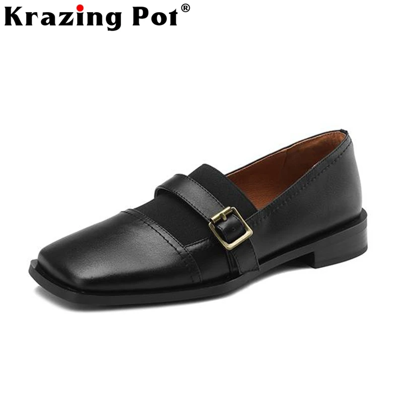 

Krazing Pot 2023 Cow Leather Square Toe Low Heels Spring Shoes Belt Buckle Retro Fashion Leisure Design Cozy Slip on Brand Pumps