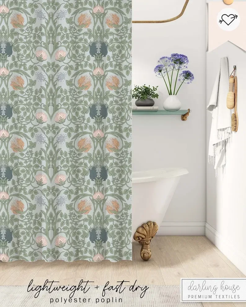 Vintage sage green and blue botanical shower curtain, country style bathroom decor, antique art nouveau style for bathroom