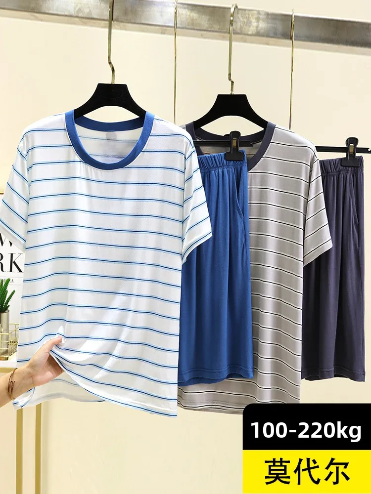 

Modal Men's ort Sve T-irt Set Casual Loose Home Clothes Two-Piece Set Summer Comfortable Breathable Striped Spwear