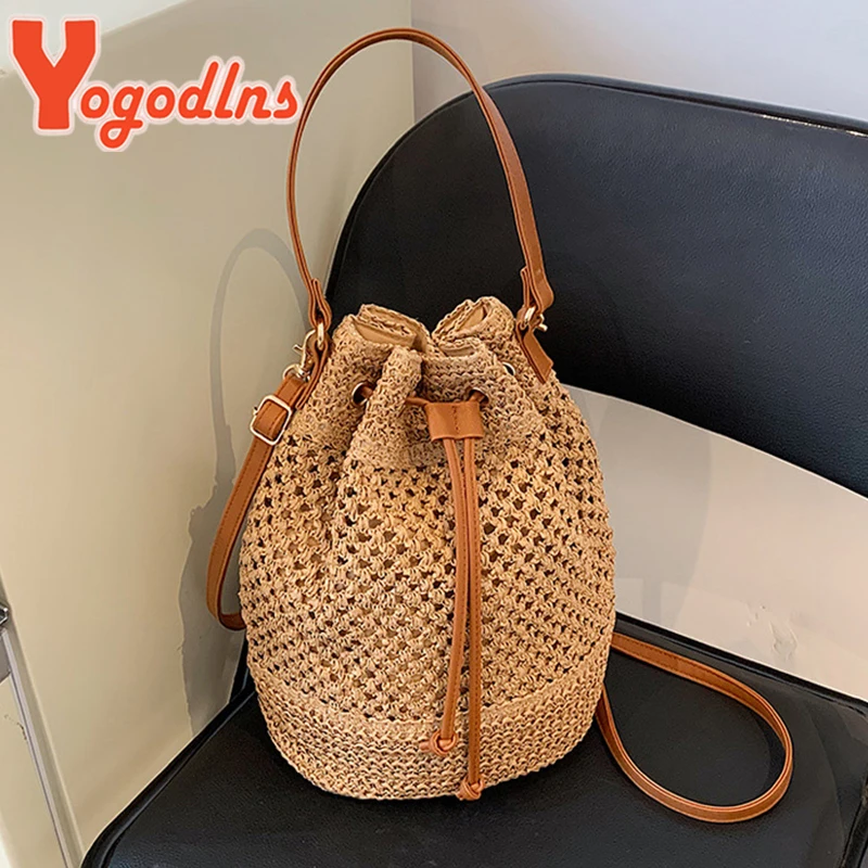 Summer Braided Straw Bucket Bag For Women Simple Drawstring Shoulder Crossbody Bag Travel Beach Bag Casual Wove Handbag