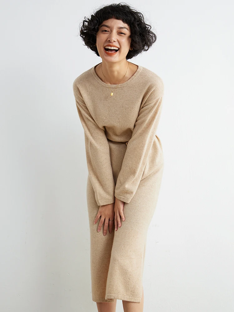 Knitted Cashmere Dress with Loose Pullover, Long Split Wool Dress, New Round Neck, Autumn and Winter