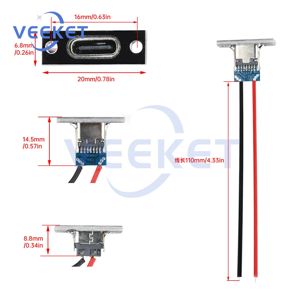 2Pin USB-aansluiting Oplaaddatapoort 2P Striplijn van soldeerverbinding Vrouwelijke connector Jack Voeding Type-C Interface