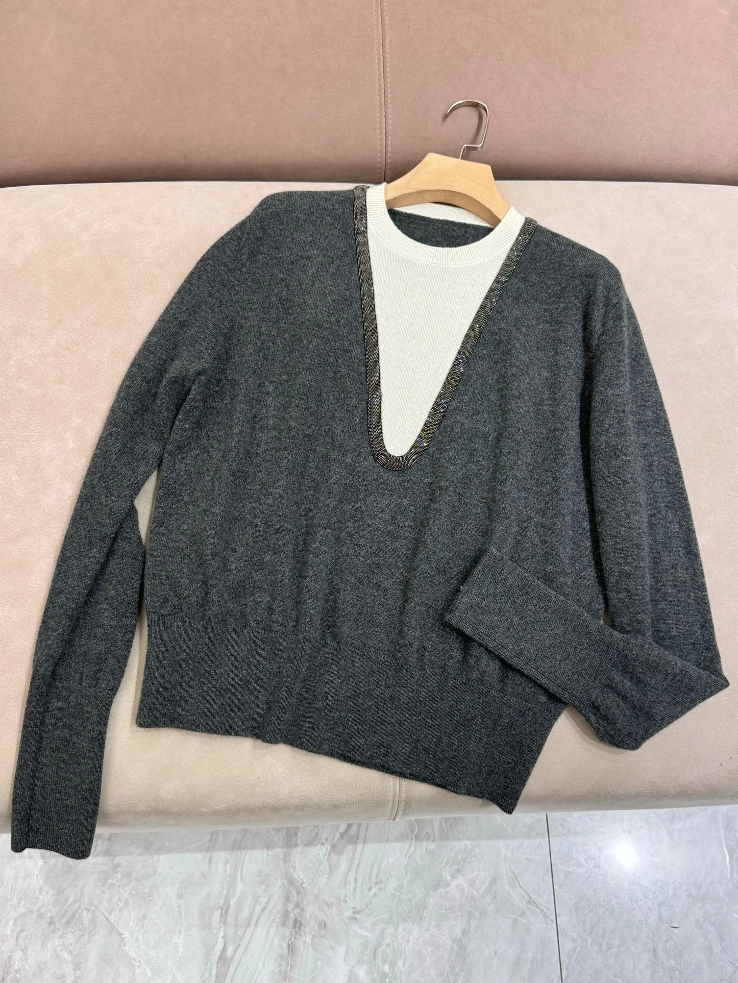 Sweater Pullover rajut wanita, atasan lengan panjang manik-manik kasmir