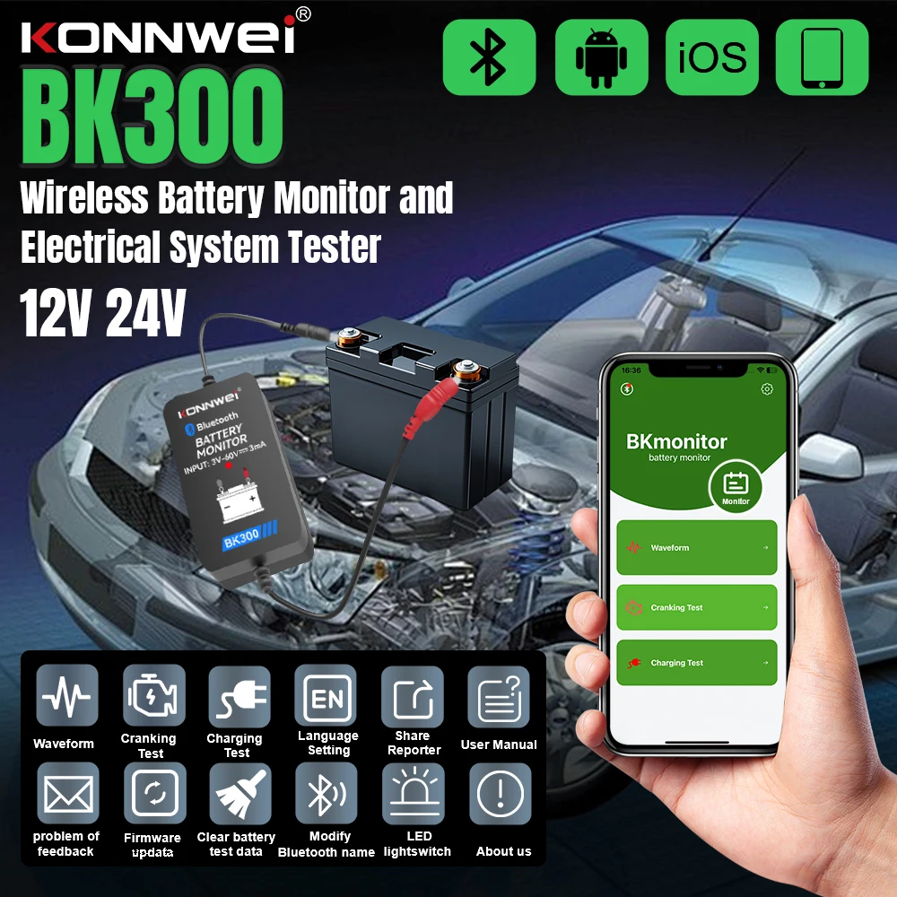 

Полезный диагностический прибор KONNWEI BK300 для автомобильных свинцово-кислотных аккумуляторов 12В/24В: измерение емкости, сопротивления, Bluetooth 5.2. Инструмент для диагностики автомобильных батарей.