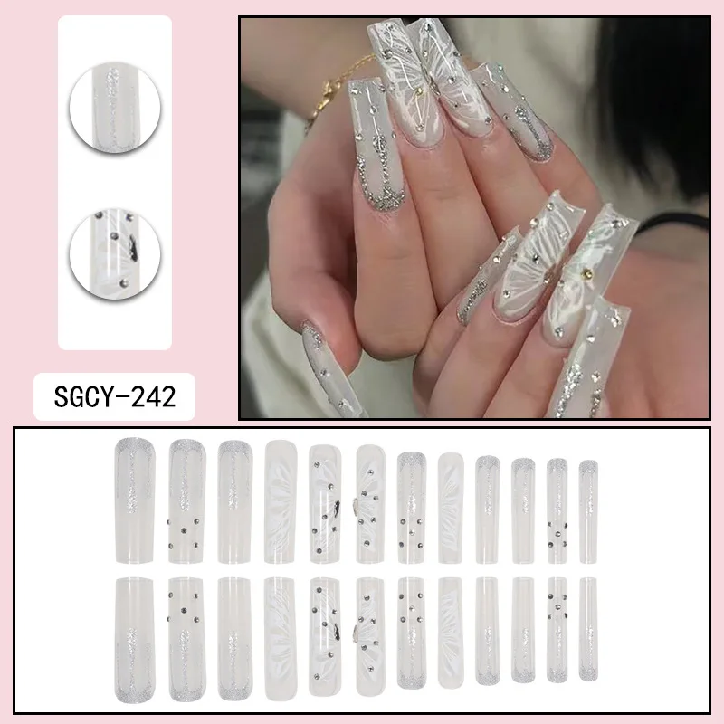 24 piezas de uñas postizas ultra largas en forma de ataúd con patrón francés, degradado y floral, mariposa 3D, puntos de diamante, uñas falsas brillantes 4