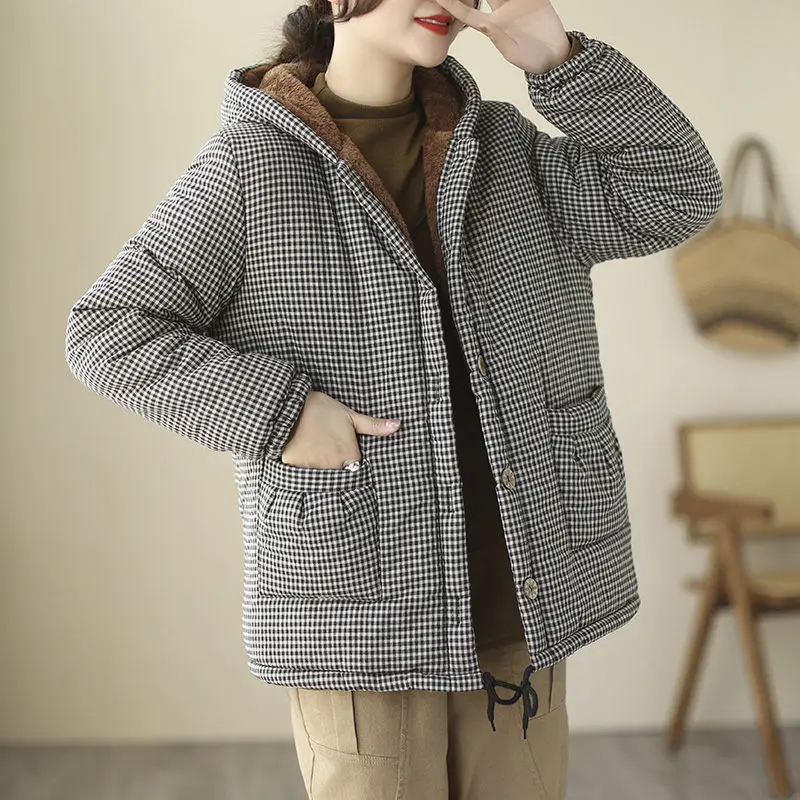 Plush Jacket Thickened Warm Plaid Cotton Coat Autumn And Winter 2022 Hooded Casual Loose Women\'s Fleece Abrigo Outerwear T1153