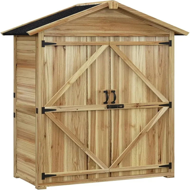 

Outdoor Wooden Storage Cabinet with Waterproof Roof, Garden Shed Featuring Lockable Double Doors and Shelves