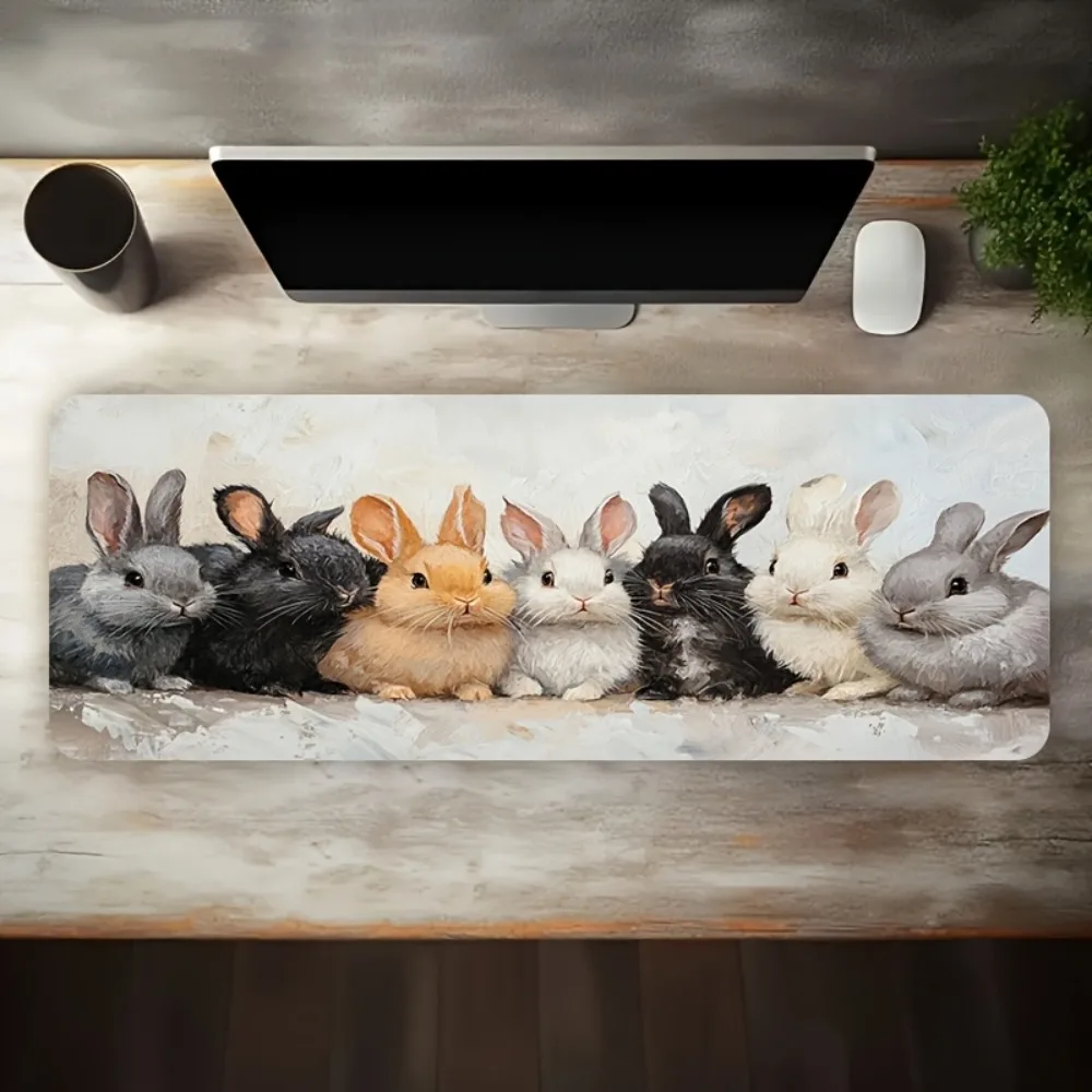 Aesthetic Oil Painting Bunny Desk Mat, Extra Large Cute Rabbit Mouse Pad, Non-Slip Waterproof Keyboard Mat for Desk Decor
