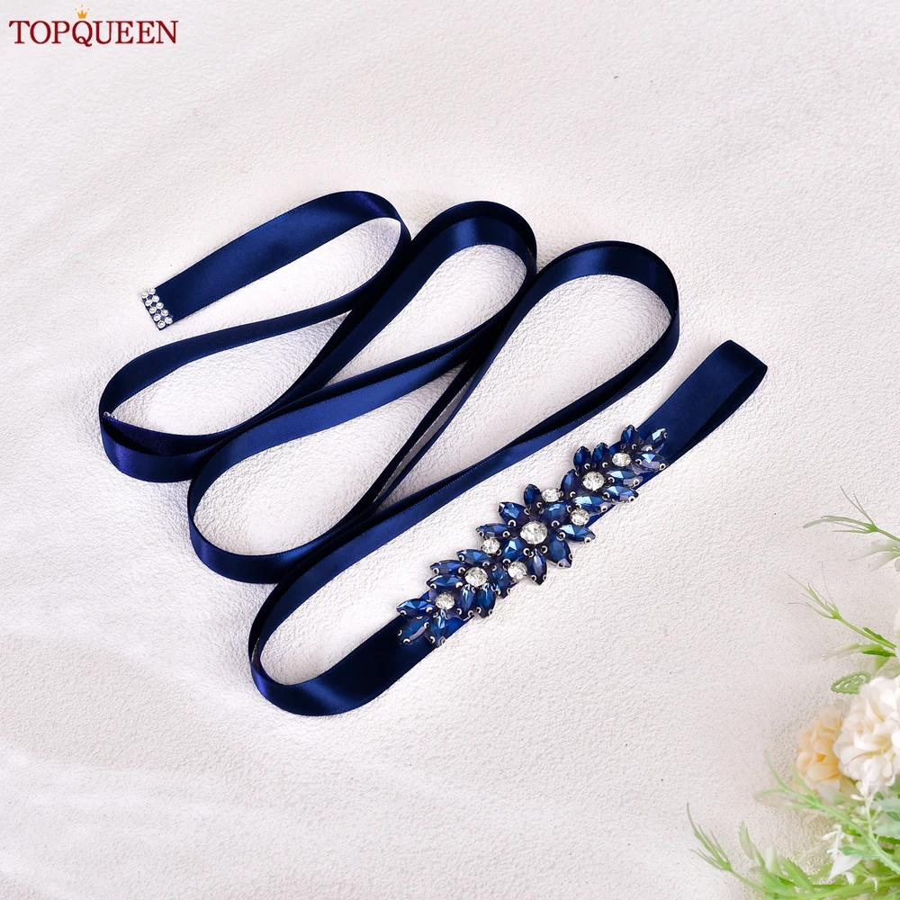 TOPQUEEN Affordable New Lace-up Model Wedding Belt Navy Blue Rhinestone Women's Dress Up Belt Bridal Accessory Gift S243