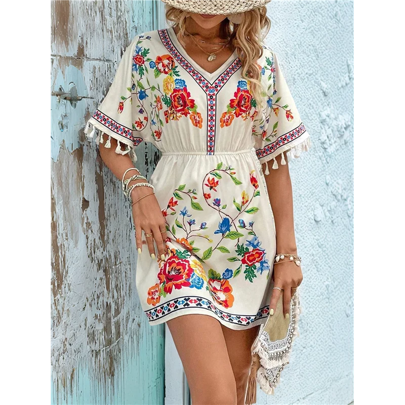 ASDS-Fiesta Embroidered Mexican Dress For Women Plus Size Short Sleeve Summer Boho Dresses With Pocket