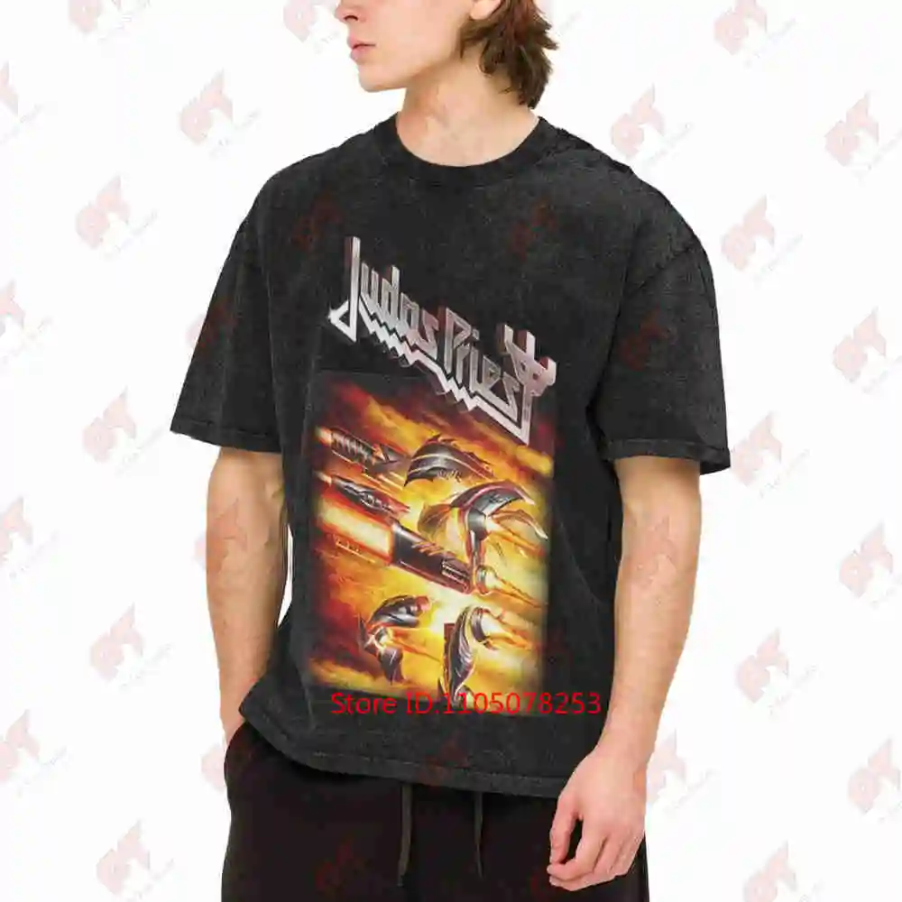 Judas Priest Firepower Band Heavy Metal Crossed Swords Flames Vintage Washed Tee Pure Cotton T-Shirt