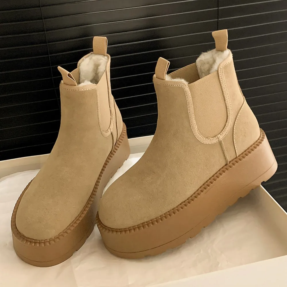 

Women's natural suede leather elastic slip-on winter ankle snow boots thick sole platform flats female casual punk short booties