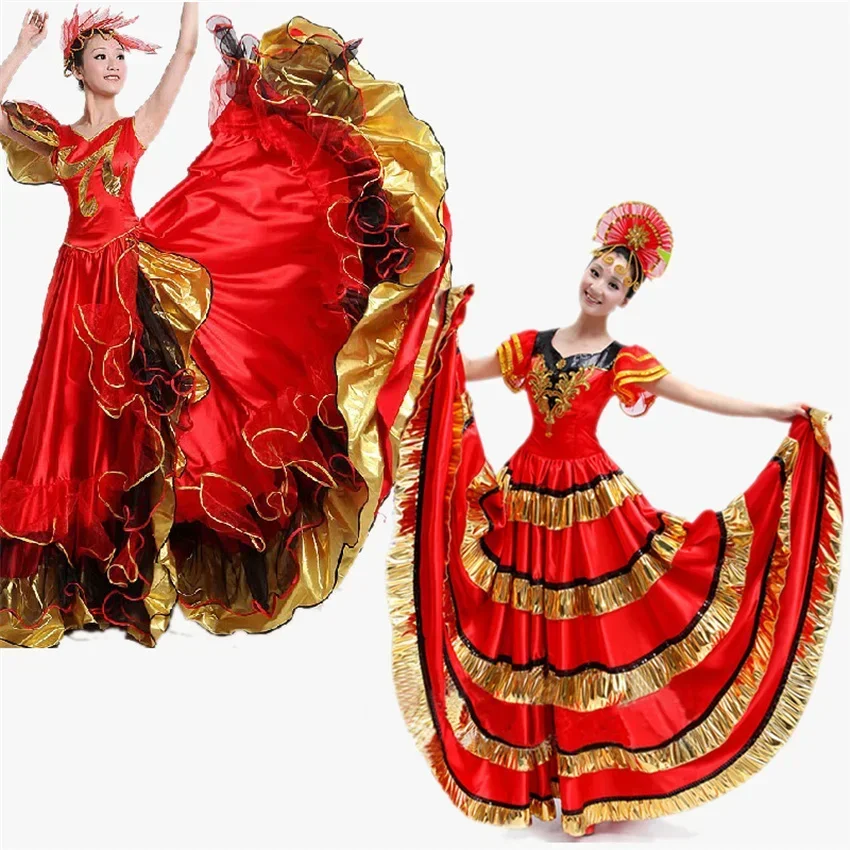 New Women Spain Dress Flamenco Skirts Dance Costumes Spanish Gypsy Skirt Bigdance Flower Chorus Stage Performance Wear for Woman