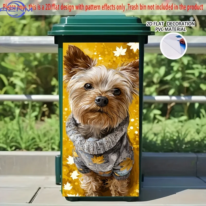 2D Flat, 1pc 2D Flat Autumn Pet Self-Adhesive Dustbin Sticker - Yorkie Wearing Knitted Sweater with Autumn Leaves Background,