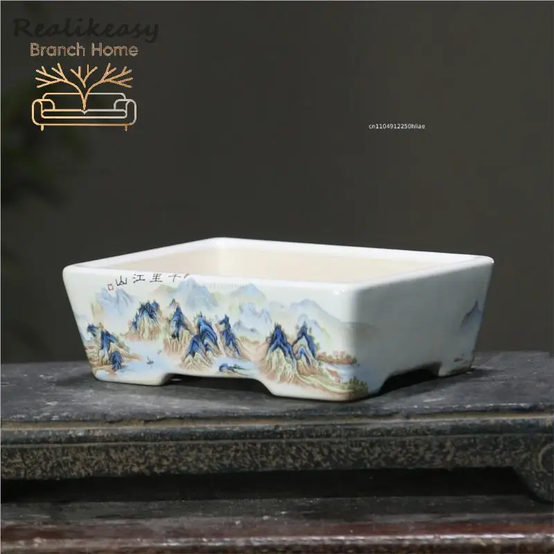 6 Size Chinese Rectangular Hand-Painted Succulent Flower Pot Ceramic Bonsai Pot Household Desktop Decorative Flower Pot LE374