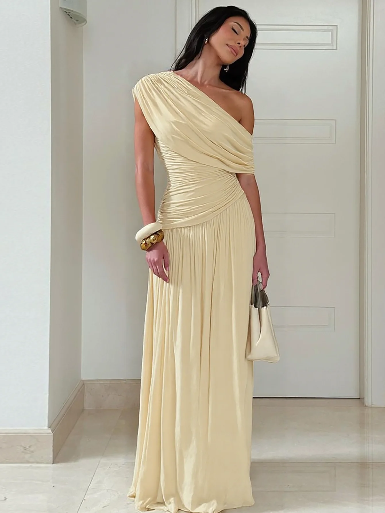 Hugcitar Een Schouder Ruches Mouwloos Effen Geplooid Sexy Onregelmatige Y2K Maxi Jurk Zomer Elegant Party Vrouwen Kleding Vakantie