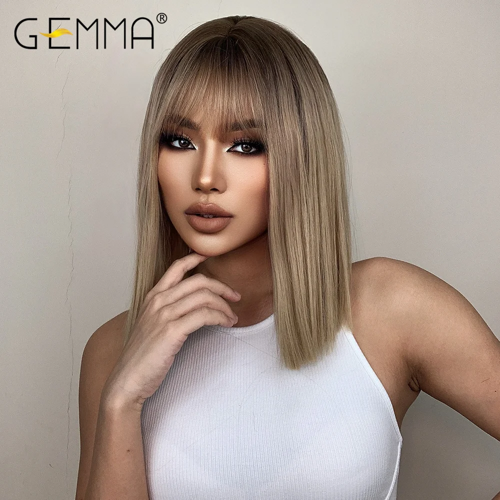 GEMMA Short Straight Mixed Brown Blonde Synthetic Wigs with Bangs for Women Daily Party Bob Hair Wig High Tempearture Fiber