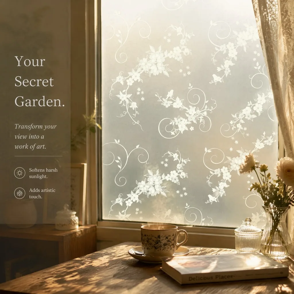 Elegant Vintage Vine Flower Bird Privacy Window Film Built-in Adhesive Soft Light Filter Cuttable Matte PVC for Warm Cottage