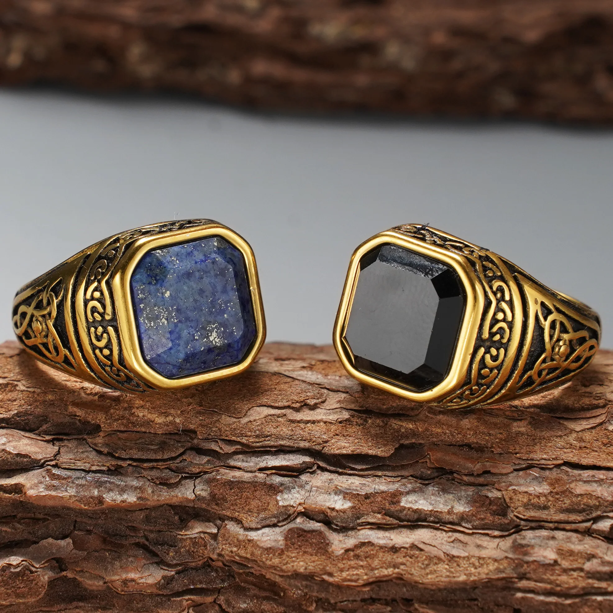 Vintage Keltischer Gravierter Quadratischer Facettierter Lapislazuli Herrenring, Vergoldeter 316L Edelstahl Trendiger Statement-Schmuck – Detail 3