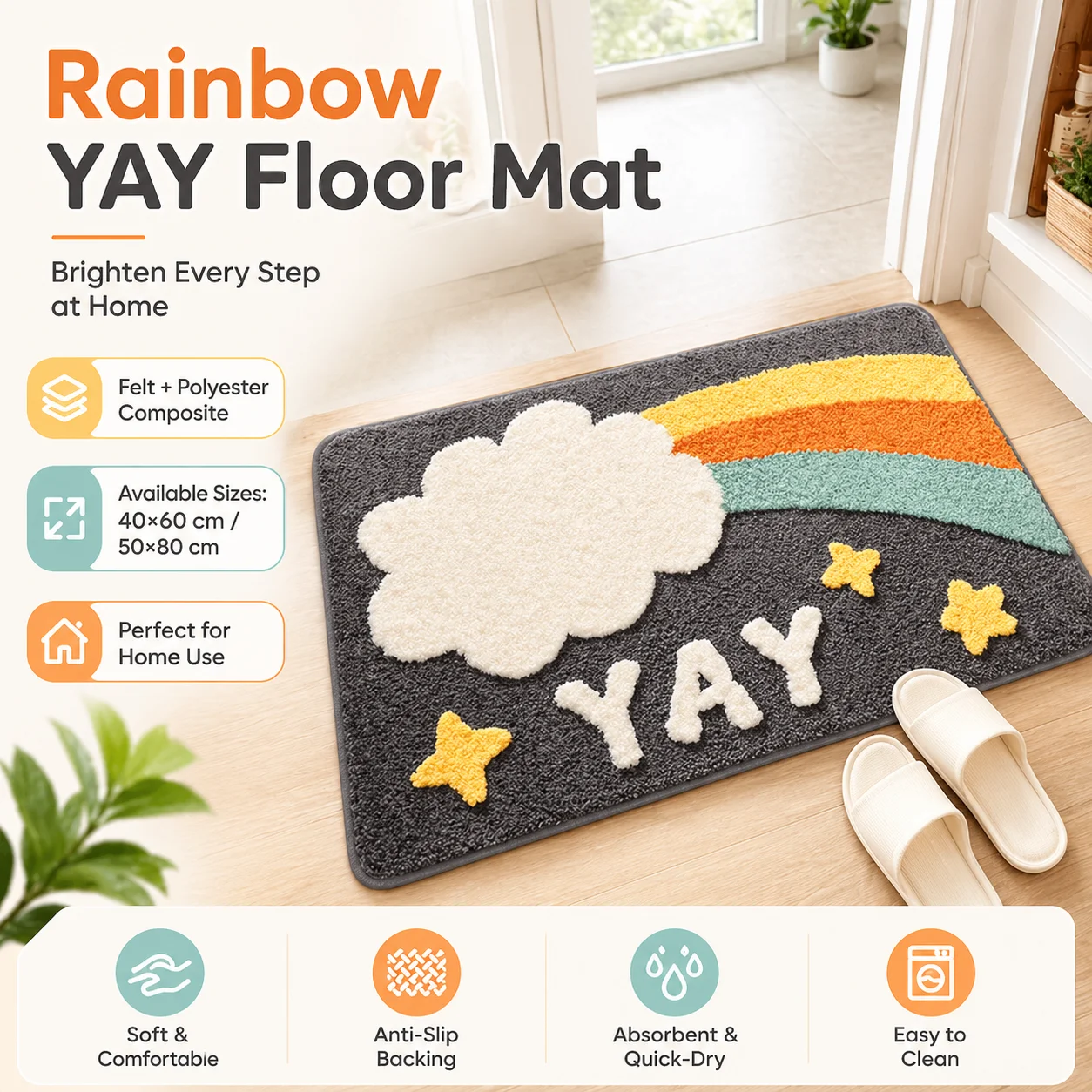 

Cute Rainbow YAY Door Mat 2D Flat Printed Cotton Linen Floor Rug Non Slip Entryway Carpet for Kids Room Bedroom Home Decor