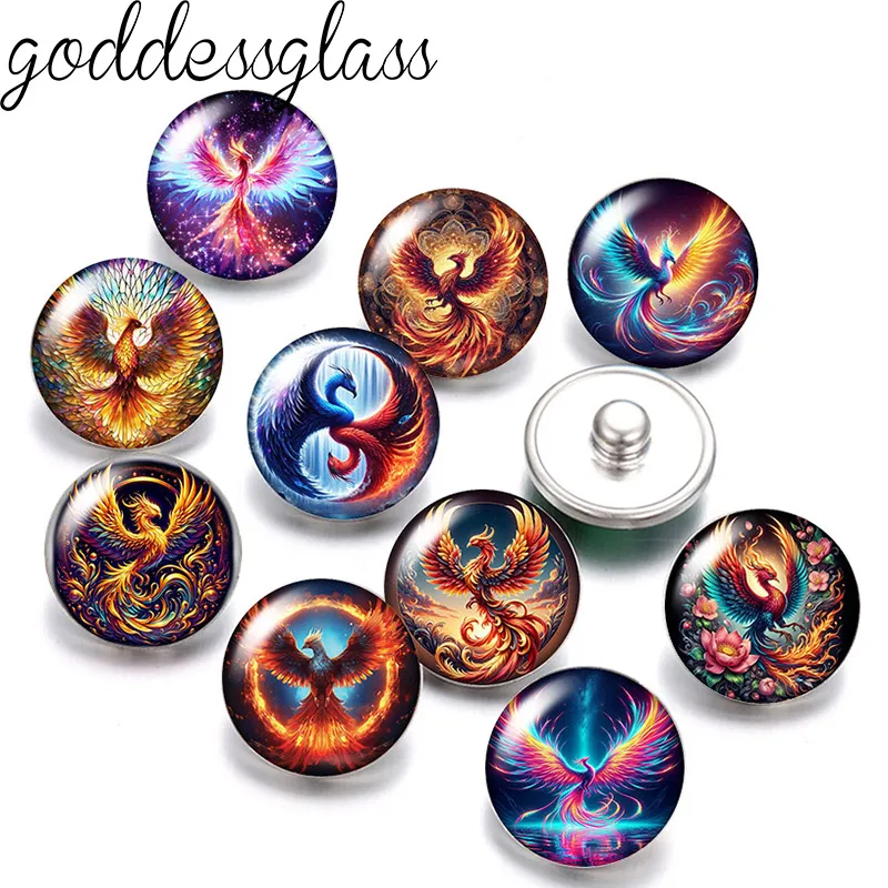 Fire Phoenix Bird rise from the ashes 10pcs 12mm/18mm/20mm Round photo glass cabochon flat back Making findings DIY snap buttons