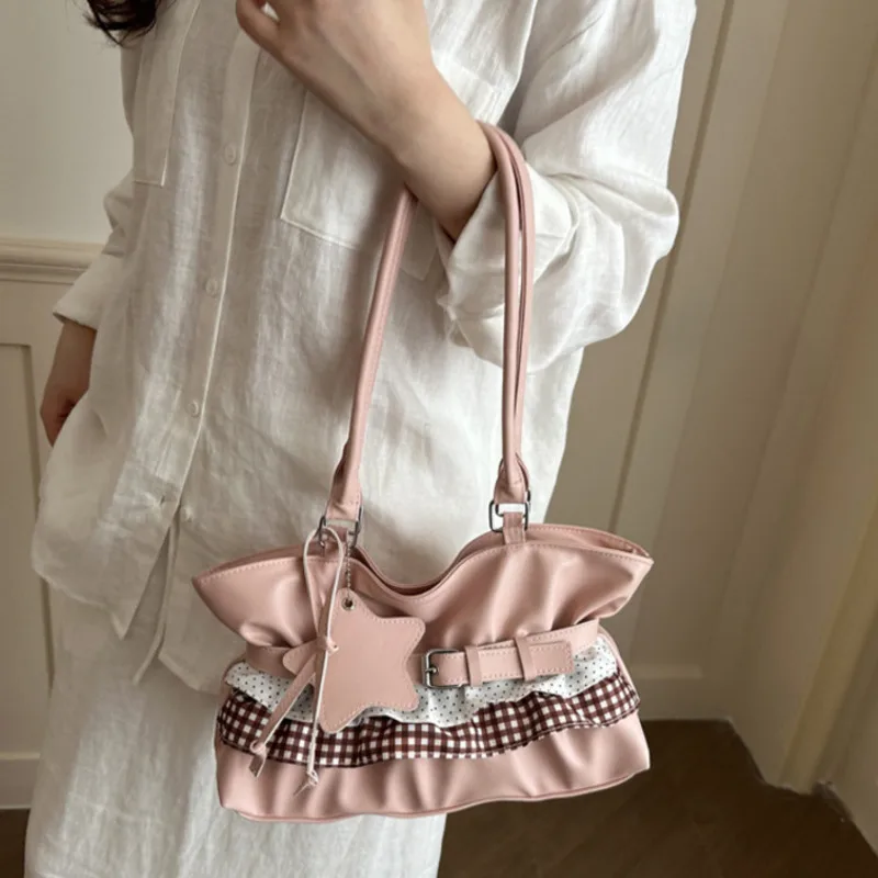 Korean Handbag Black Leather Shoulder Bag Crossbody, Tote Large Capacity Bucket Purse Belt, Design Motorcycle Style Women Travel 5