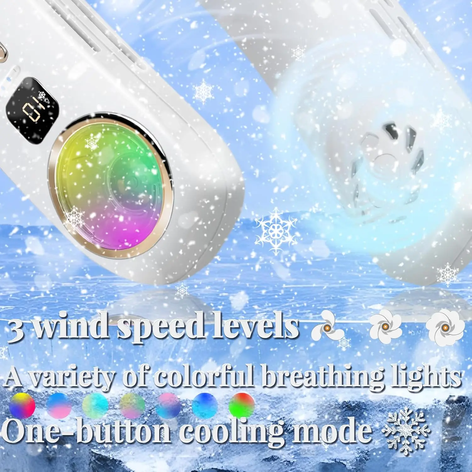 휴대용 에어컨은 차가운 공기를 불어 넣습니다. 여행용 충전식 휴대용 팬 Bladeless Wearable Personal Cooler