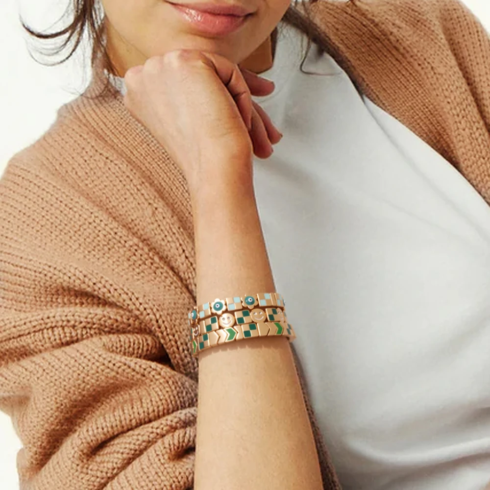 

8mm Square Shape Colorful Charms Beaded Bracelets For Women Gold Color Hand Accessory