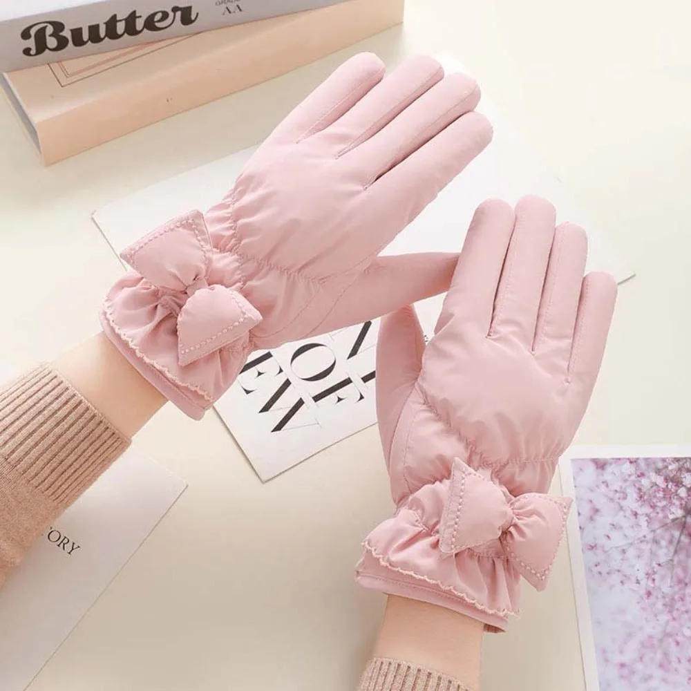 Down Cotton Bow Anti-cold Mittens Touch Screen Solid Color Plush Thickened Gloves Korean Style Soft Finger Mittens Winter