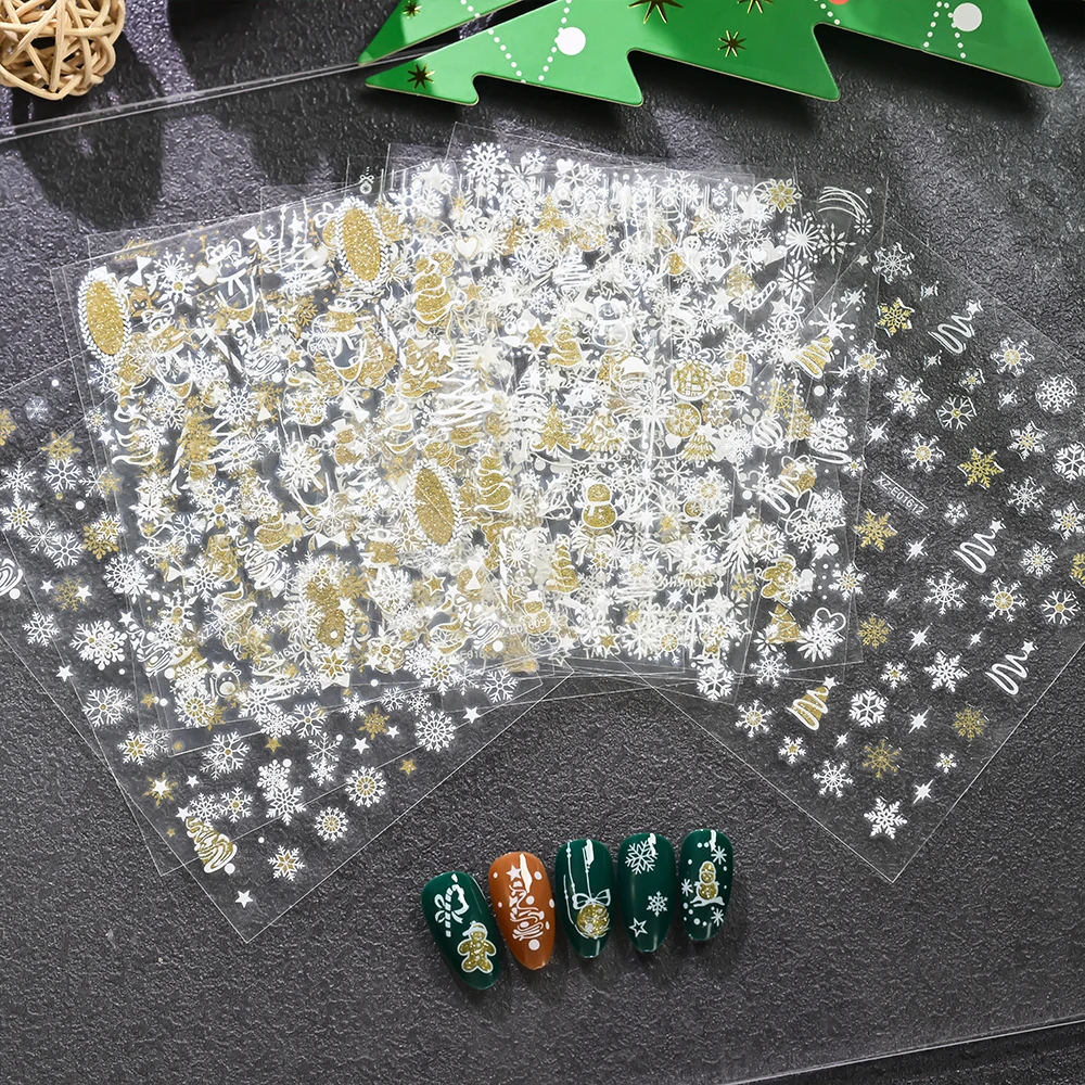 12 Uds. De pegatinas navideñas brillantes para uñas, diseño de purpurina 3D de oro blanco, calcomanía para uñas, alce, copo de nieve, árbol de Navidad, deslizador autoadhesivo para uñas
