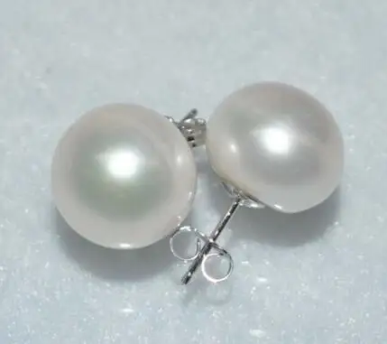 Natural white rare big 12-13 mm half round FW pearl real 925s stud earring